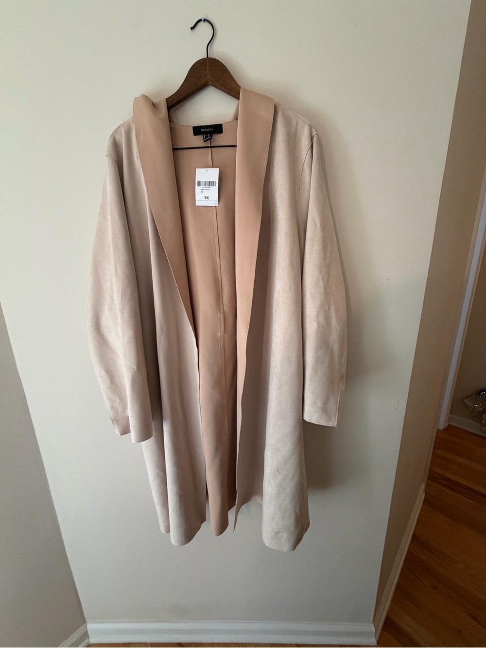 NWT Forever 21 Women's Light Beige/Tan Open-Front Hooded Trench Coat, Size 3X